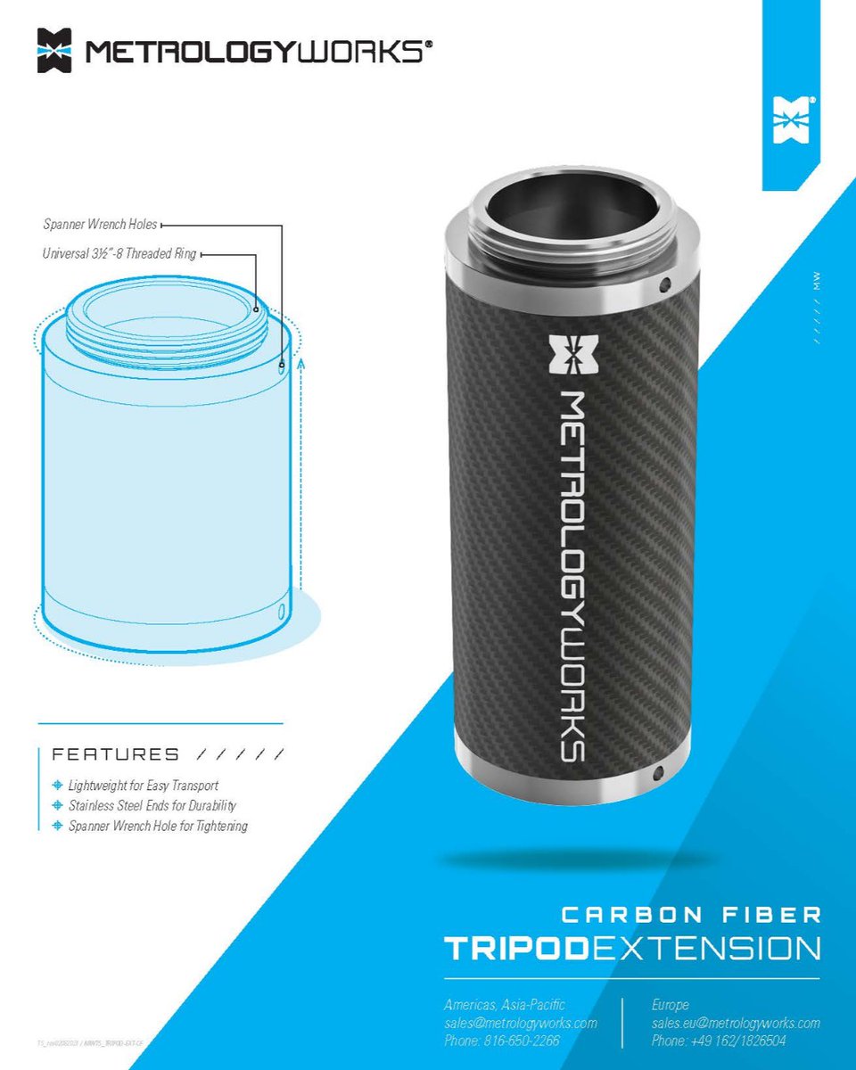 MetrologyWorks's tweet photo. Carbon Fiber Tripod Extensions are In Stock. Lengths up to 36in long. If you are tired of lugging around steel or aluminum extensions these might be the perfect fit for your application. https://t.co/WC8kIA50RJ
