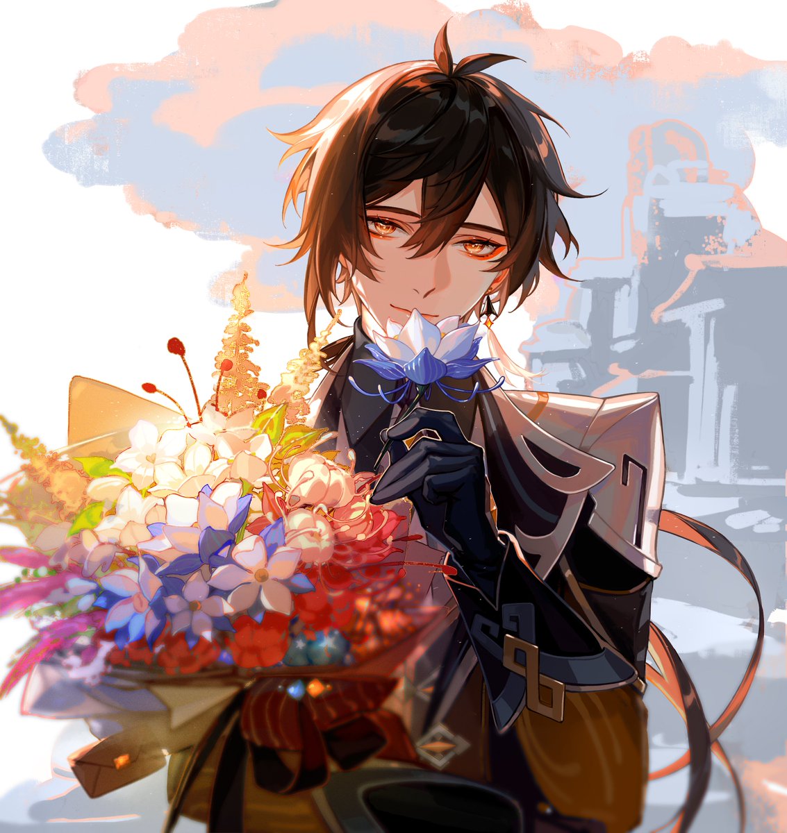 zhongli (genshin impact) male focus 1boy flower bouquet solo gloves holding  illustration images