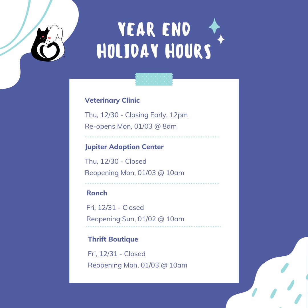 Please be aware of the up coming Holiday hours for all Furry Friends locations.