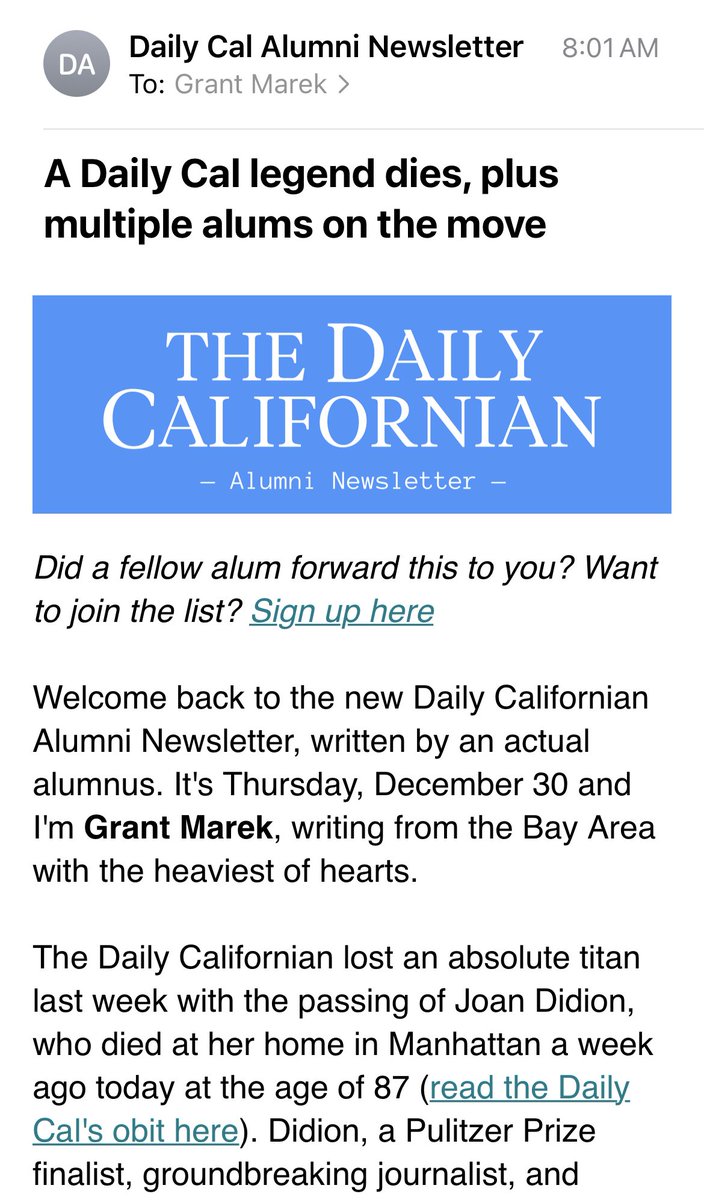 Grant_Marek's tweet photo. GOOD MORNING @dailycal ALUMS: The final Alumni Newsletter of 2021 ends the year on a somber note, lamenting the passing of Daily Cal alum Joan Didion (far right in the photo below), while also celebrating so many women who followed in her footsteps.

A mini 🧵 of what's inside 👇 https://t.co/JJLGxNTCI0