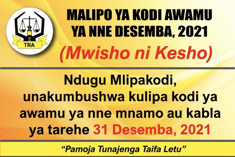 Maulid10's tweet photo. Kwa mtu yeyote ambaye.. yupo mbali na siku ya kesho atakuwa na changamoto ya kufika ofisi za TRA na angependa kulipa kodi yake ya awamu ya nne na alikuwa anahitaji control No.. please DM nitakupa msaada huo @MarekaMalili @enamalisa @YourFrenchFry https://t.co/AymSlCA5DT