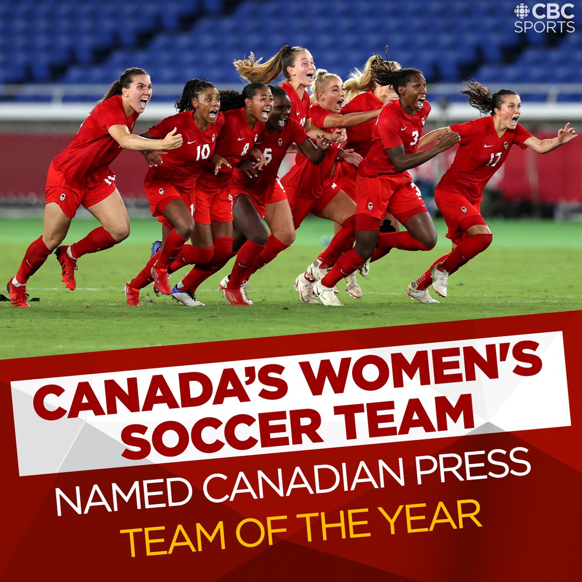 CBCOlympics's tweet photo. WE’RE NOT SURPRISED 🤩🇨🇦

After Olympic GOLD 🥇 at Tokyo 2020, #CANWNT is the 2021 Canadian Press Team of the Year 🙌

MORE: https://t.co/BTmRYSyFQY https://t.co/WJ9fktp0pe