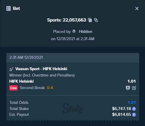 ALERT: New high roller bet posted!
A bet has been placed for $6,747.18 on Vaasan Sport - HIFK Helsinki to win $6,814.65.
To view this bet or copy it https://t.co/prfLsRC0VI https://t.co/vBUR1JkbzN