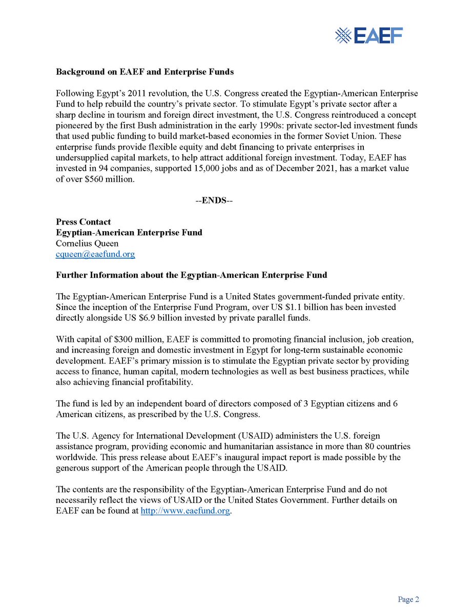 EAEFund's tweet photo. The Egyptian-American Enterprise Fund (“EAEF”) is pleased to announce the promotions of two new Vice Presidents, effective January 1, 2022 https://t.co/0A6Ws0ZHAf