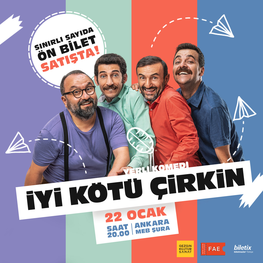 Televizyon ekranının ve beyaz perdenin tanıdık yüzleri Ersin Korkut, Hakan Bulut, Erdem Baş ve Eray Yasin Işık'ın sahnelediği eğlence garantili "İyi Kötü Çirkin" oyununun sınırlı sayıdaki ön biletleri satışta!

#gezginkültürsanat #thegoodbadandugly #iyikötüçirkin #tiyatro