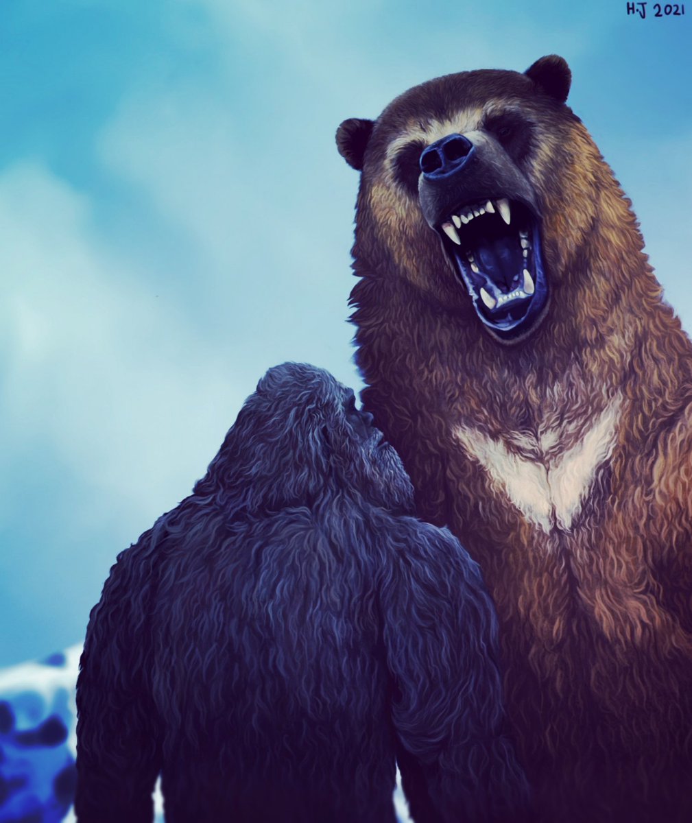 My last piece for this year!
"The monsters that unfortunately met bears"
An old Sasquatch, witnesses the last remaining seconds of his life, before meeting his demise at the hands of a giant Short faced Bear (Arctodus simus). 
Yukon circa 14,000 years ago.