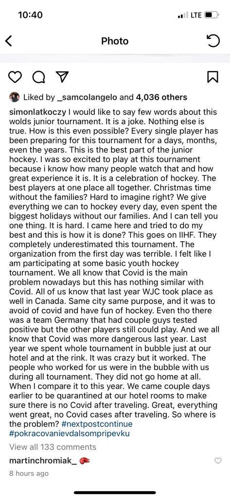 chrismpeters's tweet photo. Passionate reaction from Slovakia goalie Simon Latkoczy regarding the World Juniors cancellation. Highly critical of the organization and explains how impossible it was for players to avoid contact with people outside of the tournament in Red Deer. https://t.co/MZqGLQFvxx