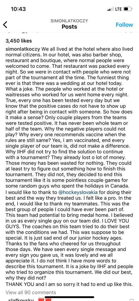 Passionate reaction from Slovakia goalie Simon Latkoczy regarding the World Juniors cancellation. Highly critical of the organization and explains how impossible it was for players to avoid contact with people outside of the tournament in Red Deer.