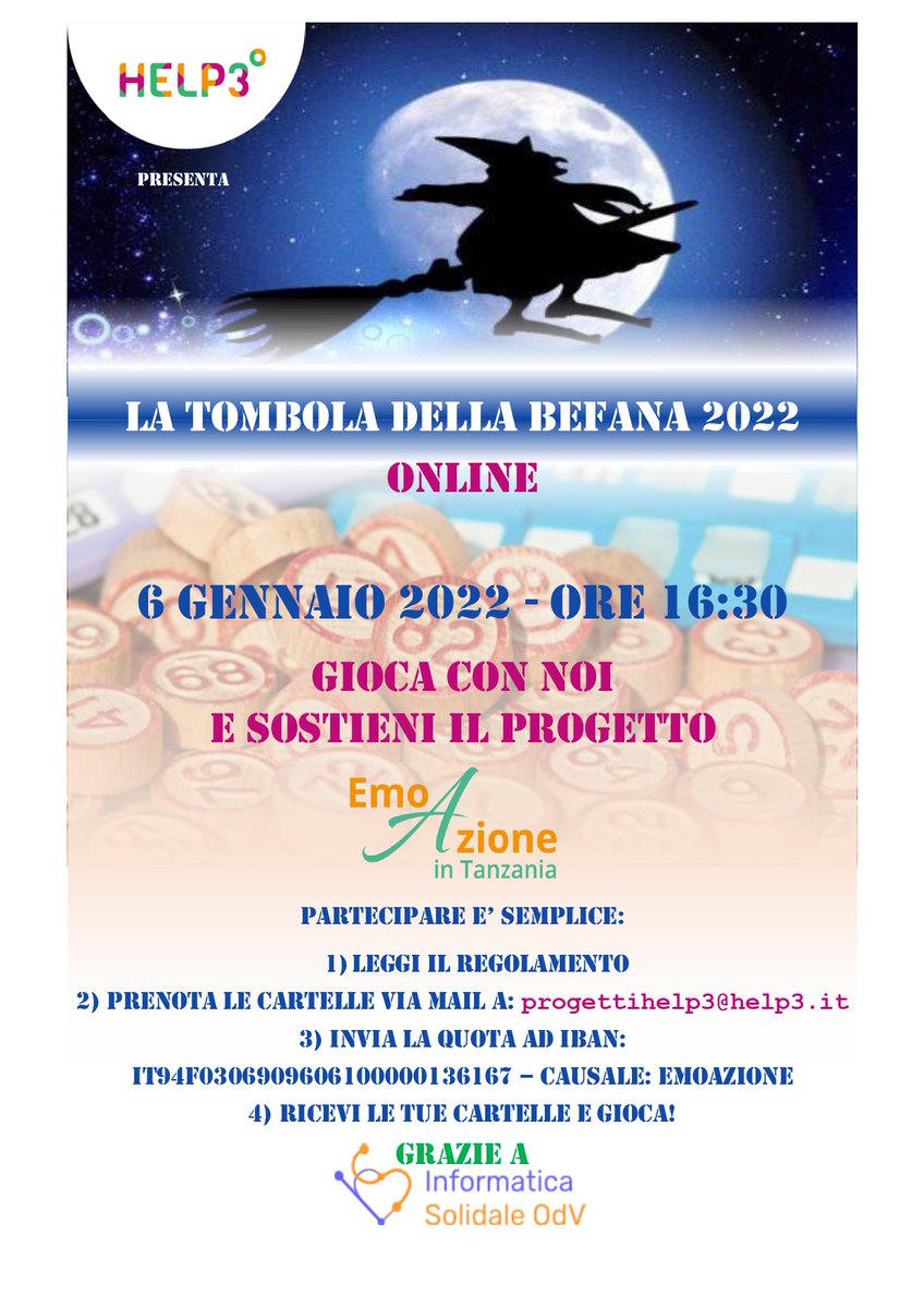 InfoSolidale's tweet photo. La Tombola della Befana 2022.
Help3 ha deciso di non fermarsi nemmeno durante le Feste! Un vecchio proverbio recita: ”Epifania, tutte le feste le porta via!”. Ma per noi di Help3 è vero il contrario.
Leggi tutto l'articolo qui sotto:
https://t.co/Q8b6l2OIW3 https://t.co/4GSyTmZGj3