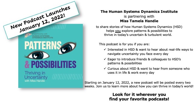 HSDInstitute's tweet photo. Celebrate 2022! Subscribe as Miss Tamela Handie shares a new podcast: Patterns &amp; Possibilities: Thrive in Uncertainty. Human Systems Dynamics Inst offers a useful way to navigate complexity we all face. Join us &amp; share the opportunity with friends! https://t.co/5KpVP5cBgt