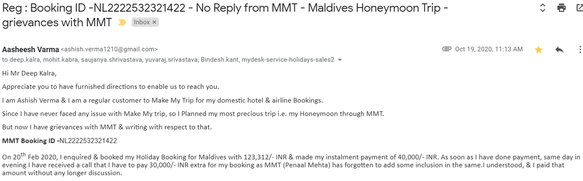 asheeshvarmaa's tweet photo. MAKE MY TRIP is the worst platform for booking any kind of travel, I am trying for the last 2 years to connect with them for my booking but no reply from them. @makemytrip Kindly help @PMOIndia  #badservicebymmt #fraudmakemytrip #retweet #COVID19 https://t.co/kHdPIxd1Nb