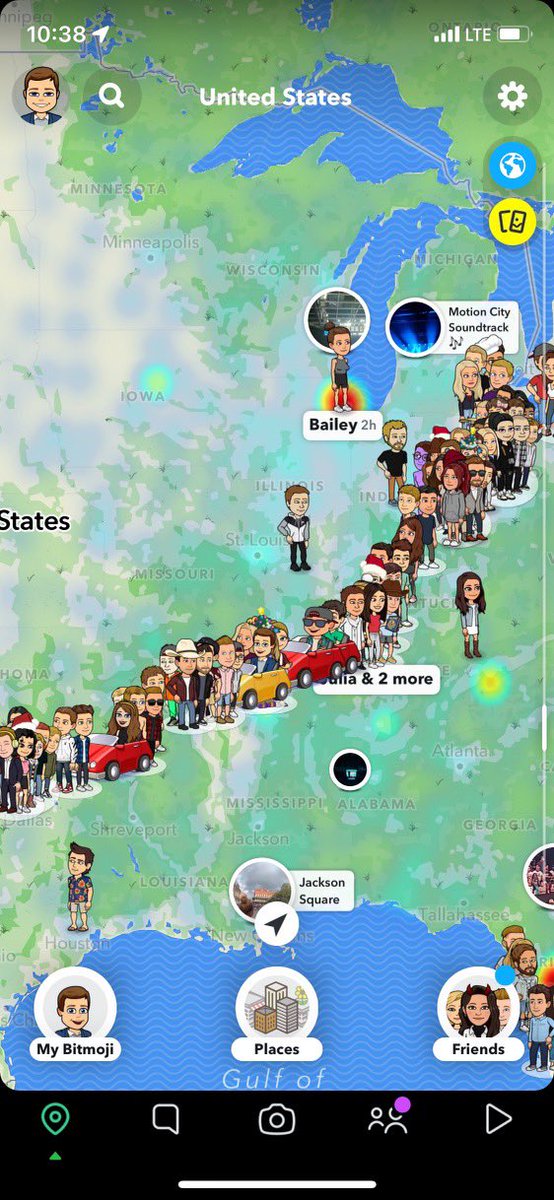ThatsABishop's tweet photo. This is amazing. A friend of mine who goes to UC @GoBearcatsFB is in his way Dallas for the Cotton Bowl. This is what his Snapchat maps look like: 

Bearcat fans traveling in full force!
#CottonBowl #CFBPlayoff #Bearcats #RollTide https://t.co/G5frQ8Gxs4