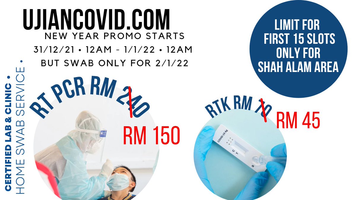 ujiancovid2umy's tweet image. ⚠️ Attention untuk warga #shahalam ! Sesiapa di area Shah Alam yang memerlukan Home Swab Service RTK atau PCR pada 2/1/22 , boleh book slot anda sekarang ! 

Harga ini valid pada 31/12/21 12am - 1/1/22 12am . 

Share dan save tweet ini, mungkin ada yang memerlukanya 🙏