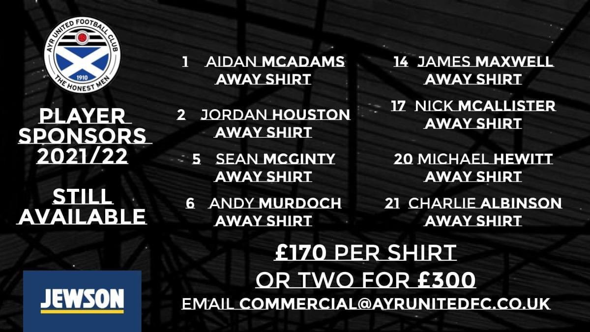 AyrUnitedFC's tweet photo. We still have a small number of Away shirts available to sponsor this season.

With the latest restrictions once again affecting football, this is the ideal time to support the Club.

Each shirt costs £170 or you can get two for £300.

Please email commercial@ayrunitedfc.co.uk https://t.co/eVVqMQ8aT2
