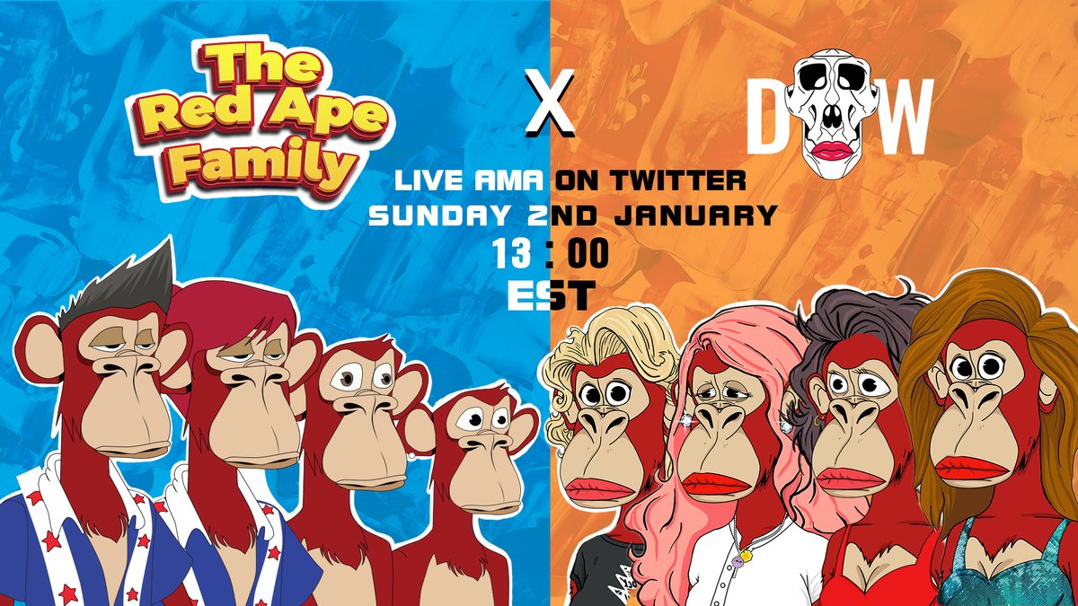 Come learn more about our future plans with <a href="/TheRedApeFamily/">The Red Ape Family </a>!

We’ll be hosting a Twitter Space with them this Sunday January 2nd 2022 at 1pm EST. 

Looking forward to see you!

x.com/i/spaces/1YqKD…