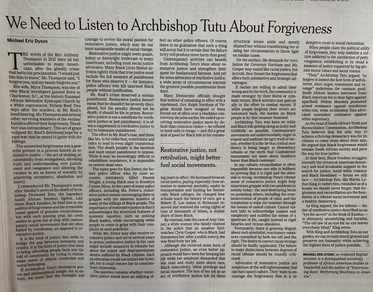 MichaelEDyson's tweet image. My essay for the New York Times ⁦@nytopinion⁩ on Archbishop Tutu and the politics of forgiveness. What a great man with an enduring legacy for social justice. ⁦@nytimes⁩