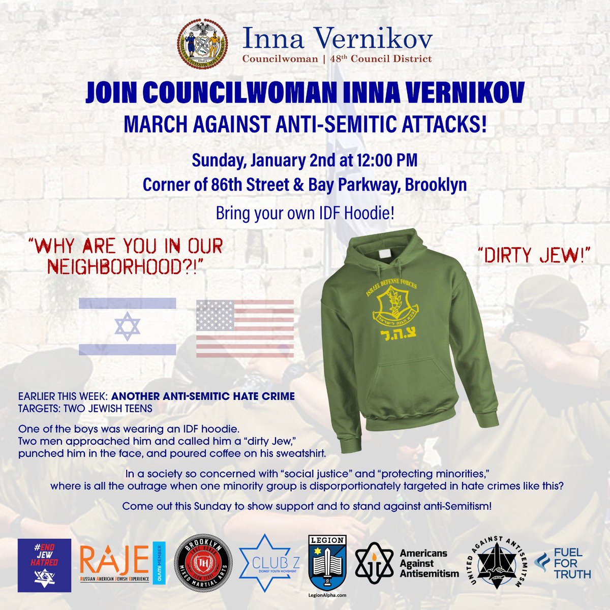 InnaVernikov's tweet photo. UPDATED FLYER FOR SUNDAY’S MARCH AGAINST ANTISEMITISM

(Please note the location change)

🗓 Sunday, January 2
🕰 12:00pm
📍 86th Street &amp; Bay Parkway

Join us to stand up against antisemitism! https://t.co/BmTtDZcDOx