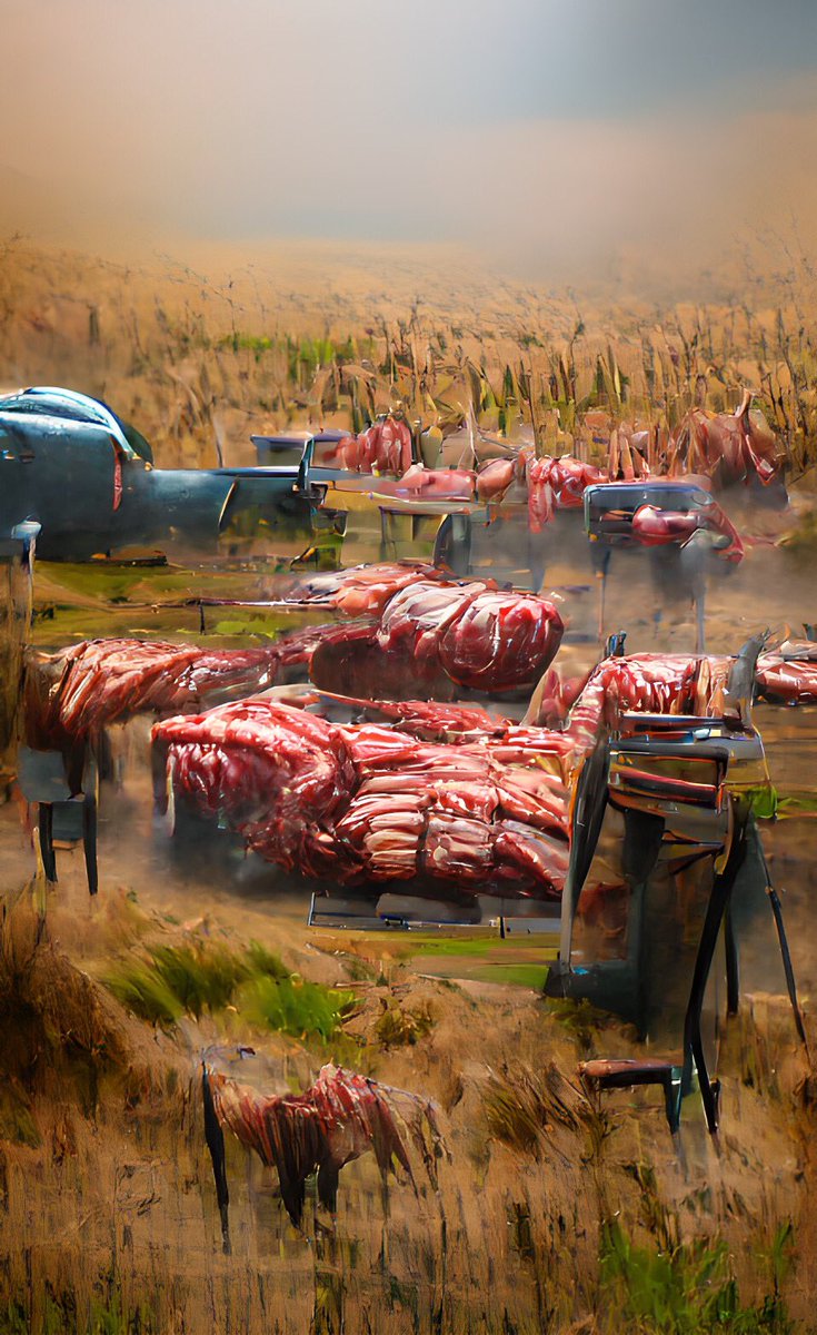 PaintedByRobots's tweet photo. Harvesting the Meat Fields

@wombo #HorrorArt #FarmLife #AIArtwork #aiartcommunity #fantasyart #nft #meat https://t.co/r14pNMFMRJ