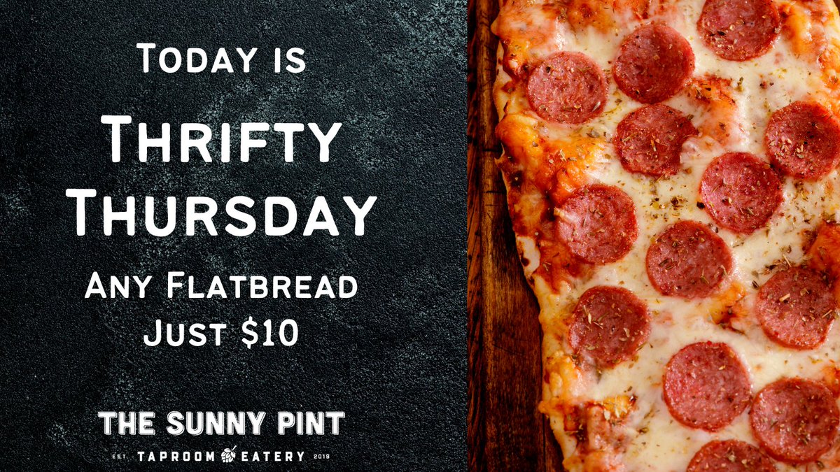 thesunnypint's tweet photo. It's Thrifty Thursday! Leave the cooking to us and bring the gang into @thesunnypint for $10 Flatbreads all day! Plus, we've got music with Double Trouble starting at 4PM! #thrifythursday #flatbreads #craftbeer #floridabeer #eatlocal #drinklocal #supportsmallbusiness https://t.co/p0tLplve2U