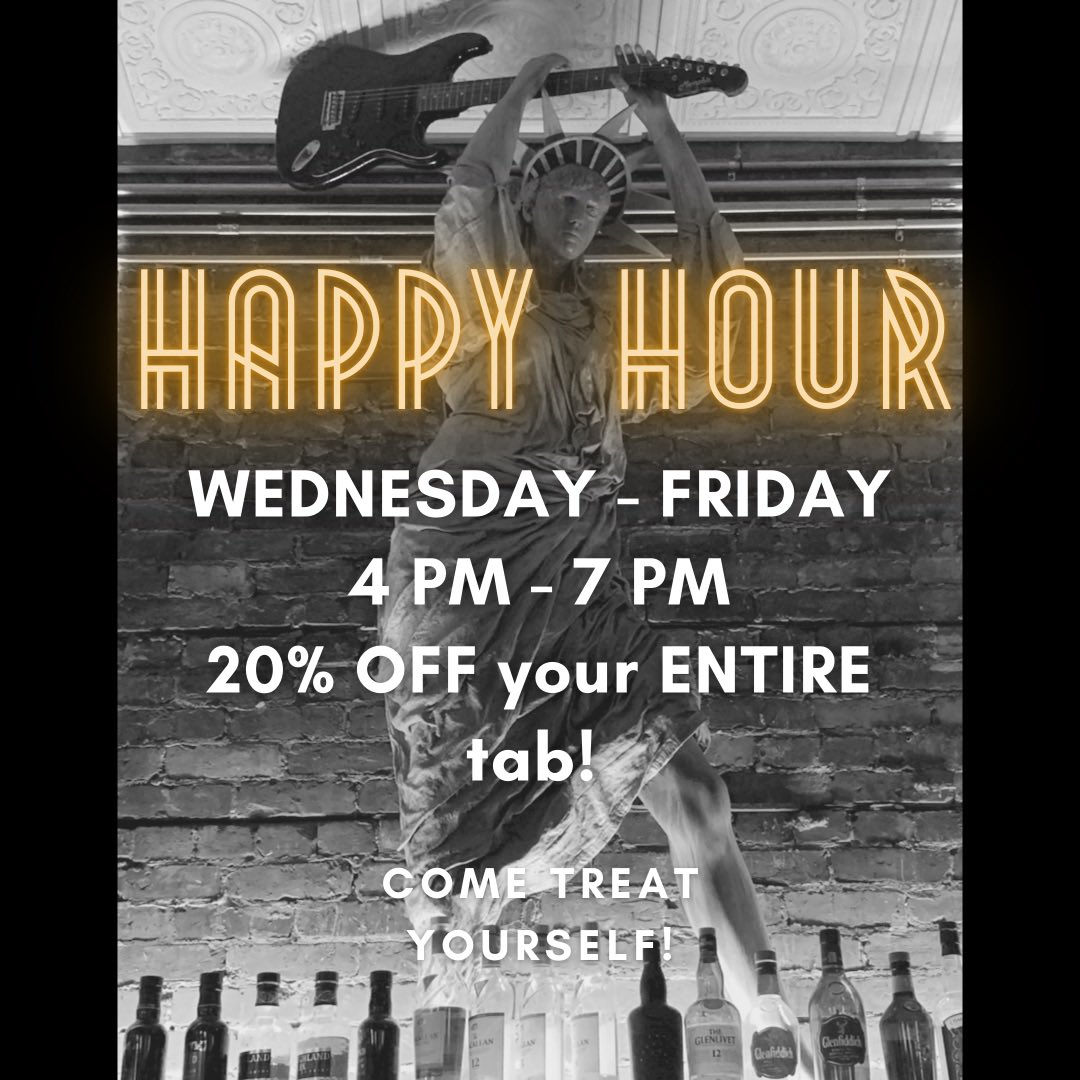 Every WEDNESDAY, THURSDAY and FRIDAY, you get 20% off your tab from 4PM-7PM.