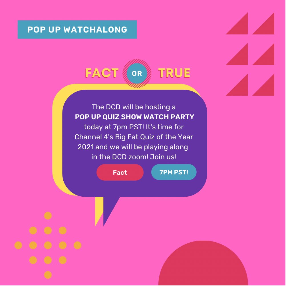 DanceCommander's tweet photo. 💬✏️📓 POP UP QUIZ! What is…do you have plans tonight? Friends, let’s have some fun! Watchalong tonight in the DCD 7PM PST / 10PM EST - we will be playing along with the Big Fat Quiz of the Year 2021! Enter the zoom through our website! ❤️✨📓🍿https://t.co/rrPiX0M5zB https://t.co/b6G43tBoUk
