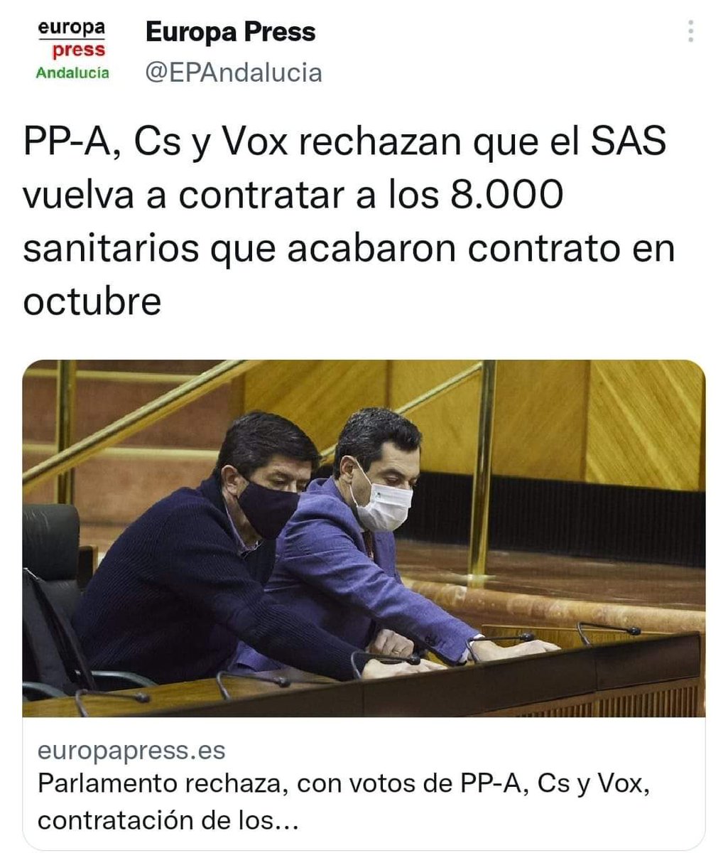 Despiden a 8.000 sanitarios, pero, les piden a los profesionales jubilados que vuelvan a pasar consulta porque falta personal…eso está pasando en la sanidad andaluza, es lo que pasa por poner al frente de ella a un gobierno que no cree en la sanidad pública. Ver para creer 🤦‍♀️