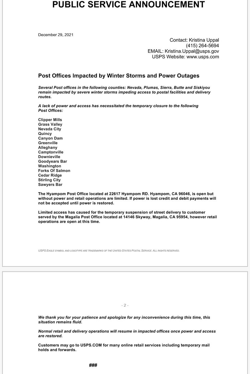USPSBayArea's tweet photo. A lack of power &amp; access has necessitated the temporary closure of several offices in #Butte  #Siskiyou #Plumas #Nevada #Sierra counties.

This remains a fluid situation &amp; we greatly appreciate your patience.

Many services are available 24/7 online at https://t.co/kiIOARlboK. https://t.co/CKQKX4cADJ