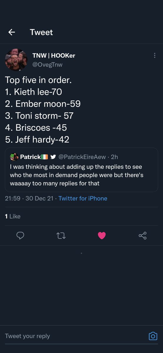 According to @OvegTnw the top 5 most in demand free agents for AEW based off the replies to my earlier tweet

1. Kieth Lee 70
2. Ember Moon 59
3. Toni Storm 57
4. Briscoes 45
5. Jeff Hardy 42

Make sure you give @OvegTnw a follow https://t.co/7iqK3nhoSU