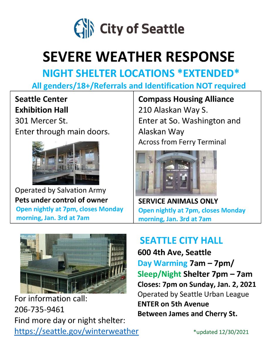 View the latest information on Severe Winter Weather Shelters and Warming Locations and download an updated flyer: humaninterests.seattle.gov/2021/12/30/cit…