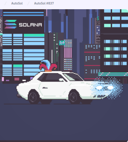 AutoSolNFT's tweet photo. Hello Drivers! Another day and another Random Number drawn and AutoSol NFT showcased! We drew #837. We love the Solana City in the background and Jester hat! Hopefully your @AutoSolNFT is the next one showcased Drivers. Vroom Vroom! https://t.co/kO7upHSWKd