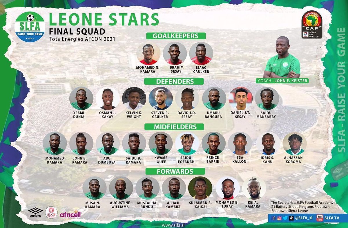 augiwilliams's tweet photo. Itโs an honored to be able to make the final list for the Africa Cup of Nations in Cameroon next month. Itโs a privilege and a proud moment to be able to represent my homeland Sierra Leone in front of the world. ๐ธ๐ฑ๐๐พ #afcon2022 @CAF_Online https://t.co/0tYDgp5jGd