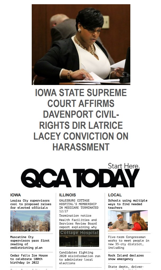 Re @TomLoewy/@qctimes re Latrice Lacey, Dir/Dport Civil Rights Commission (@dcrcevents), was found guilty in October of 2nd-degree harassment. On 12/30, the Iowa Supreme Court (@IowaCourts) ruled Lacey had insufficient grounds to appeal it. Lead @ QCAToday.com. . .