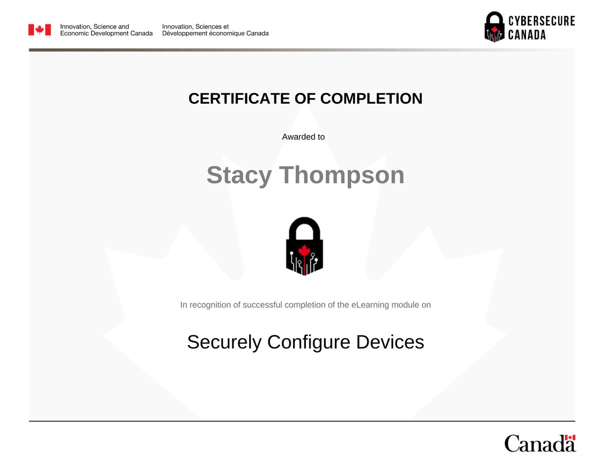 ManagedCISO's tweet photo. Congrats to our employee Stacy Thompson for completing the Securely Configure Devices module of the CyberSecure Canada eLearning series! #cyberawareness #cybersecurity #elearning #cybersecurecanada #cybersecuritycanada https://t.co/7brXV9iwIk