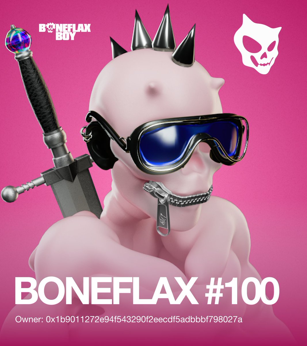 #100 BONEFLAX pink shades found their owner!
Take a closer look at him on <a href="/rarible/">Rarible</a>:
rarible.com/token/0xed932e… 

#NFTs #NFTCommunity #nftcollector #boneflax