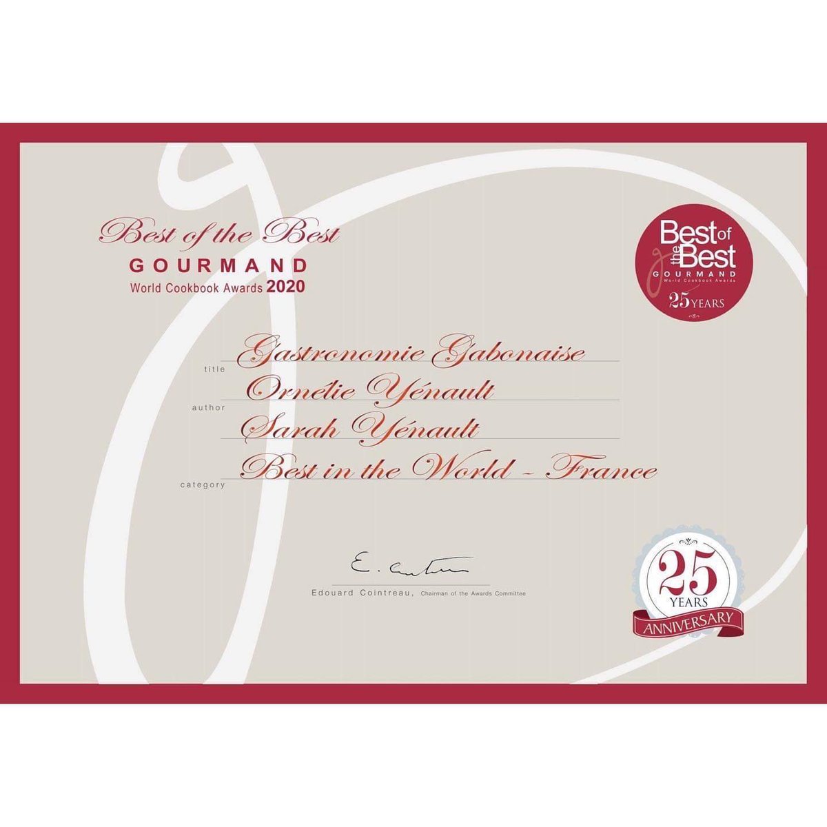 Avec plein d’émotion et malgré la pandémie on passe par là vous annoncer une bonne nouvelle: le Livre a été primé aux Gourmands Awards dans la catégorie meilleurs livres au monde (Best In the World)
🇬🇦🎉✨
#gastronomiegabonaise #gabon #worldcookbookfair #2021