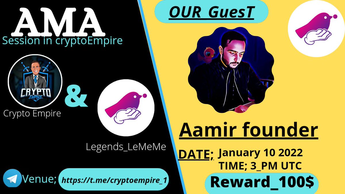 🎙️We're pleased to announce our next #AMA with Legends LeMeMe on 10_Jan at 3:00 PM UTC 💰RewardsPool: $100 🏠Venue: t.me/cryptoEmpire_1 〽️Rules: 1⃣ Follow @Crypto_empire1 & @LegendsLememe 2⃣ Like & RT 3⃣ Comment Max 3 Que & Tag 3 Friends #BSC #Airdrop #cryptocurrency