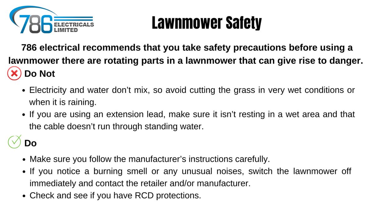 Lawnmower Safety: 786 electrical recommends that you take safety precautions before using a lawnmower there are rotating parts in a lawnmower that can give rise to danger. 

#Lawnmover #safety #Electricals #Electricians #Leicester #Leicestershire