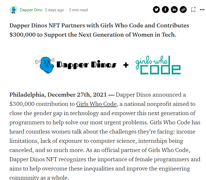 💻⬅️👧🚨 Official Press Release🚨👧➡️💻

Take a moment to learn more about why we decided to partner with <a href="/GirlsWhoCode/">Girls Who Code</a>. We are so excited to bring new opportunities to the entire Web3 community. 

You can find the press release in its entirety here ⤵️
medium.com/@DapperDinoNFT…