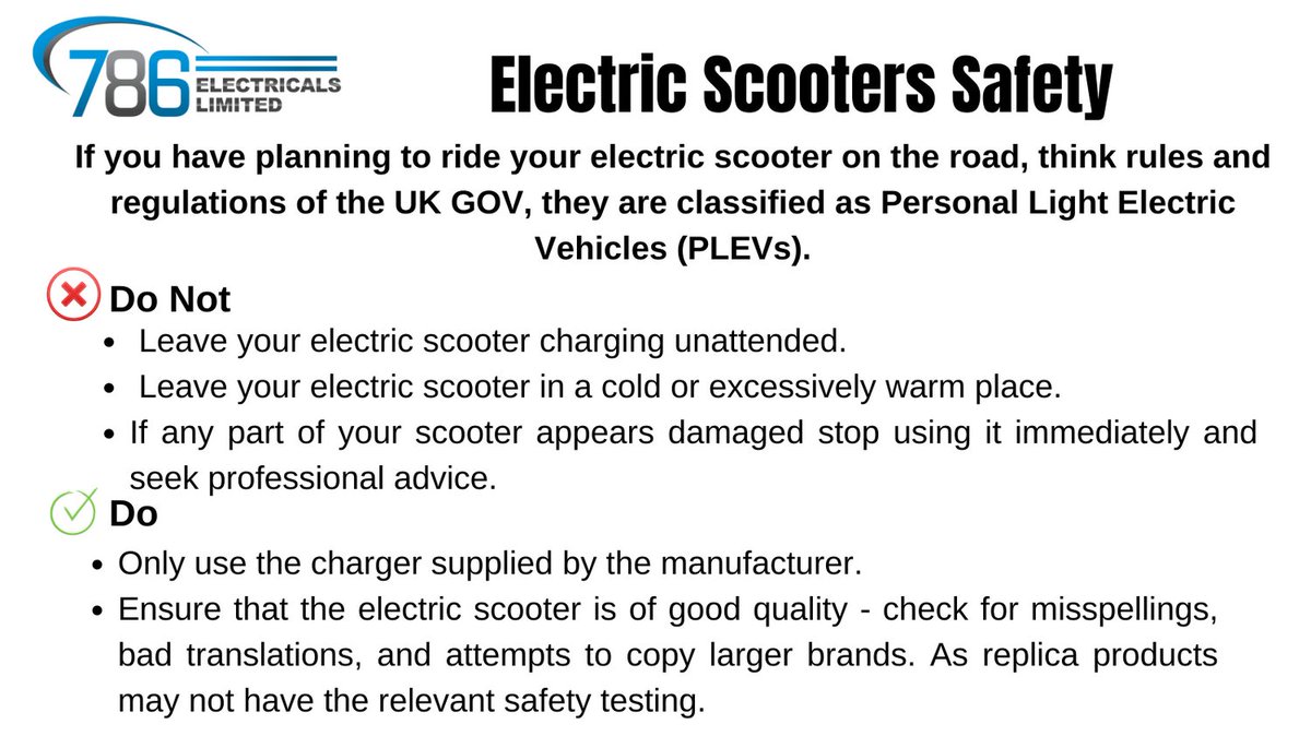 Electric Scooters Safety: If you have planning to ride your electric scooter on the road, think rules and regulations of the UK GOV, they are classified as Personal Light Electric Vehicles (PLEVs).

#Electric #Scooters #Electricals #Electricians #Leicester #Leicestershire