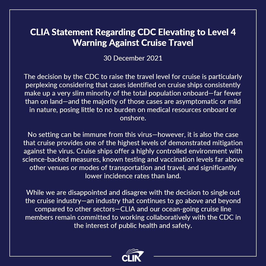 CLIA Statement in Response to CDC Level 4 Warning Against Cruise Travel (30 December 2021)