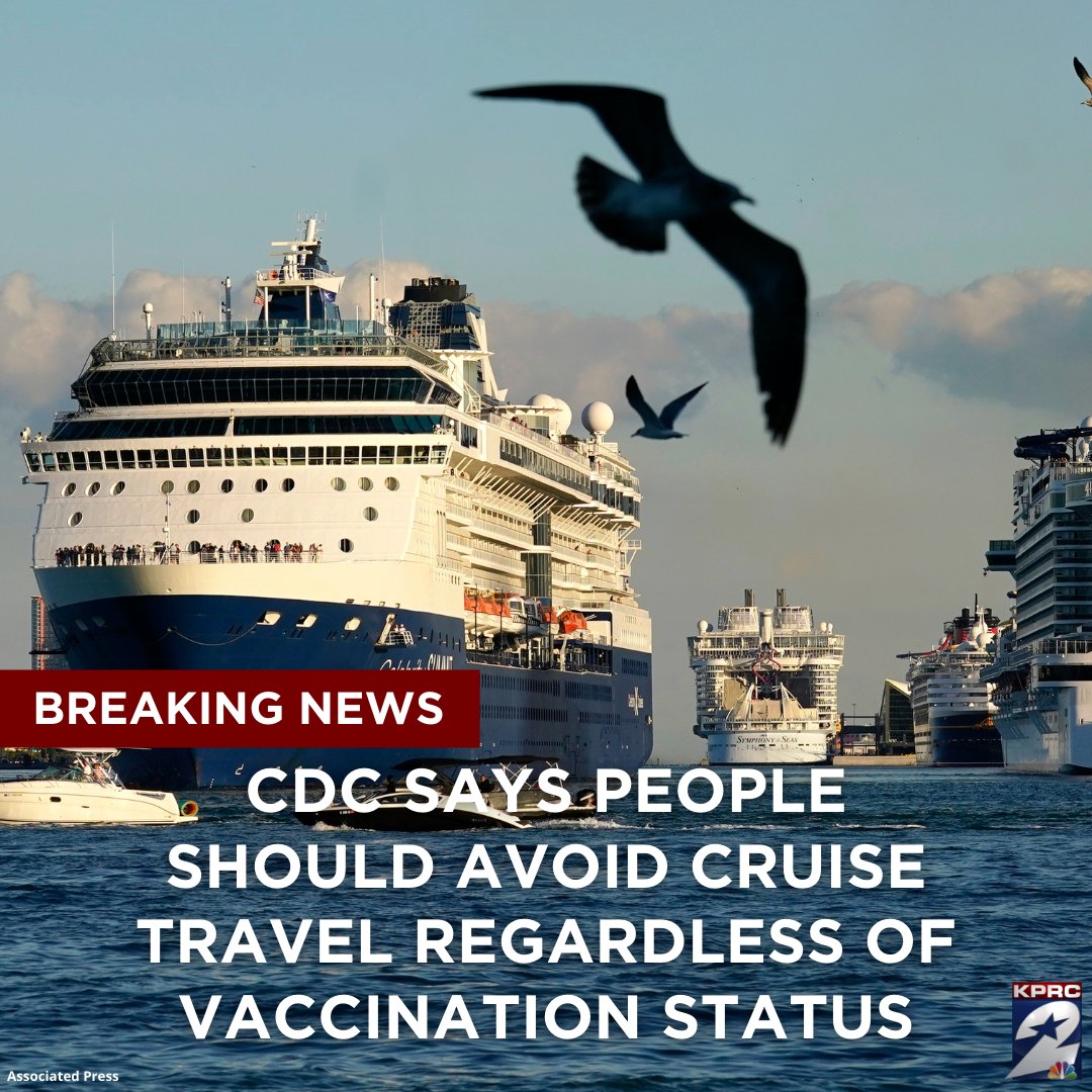KPRC2's tweet photo. JUST IN: The CDC on Thursday issued an advisory urging all travelers — vaccinated and unvaccinated — to avoid cruise ship travel amidst a record-breaking COVID-19 surge driven by the omicron variant in many states across the USA.

https://t.co/kSaTsohKVY

#COVID19 #travel #KPRC2 https://t.co/snRHhBruXZ
