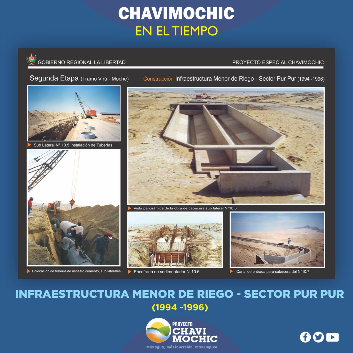 PChavimochic's tweet photo. Hoy en #ChavimochicEnLaHistoria te presentamos el proceso de construcción de la infraestructura menor de riego💧sector Pur Pur,como parte de las obras de la II Etapa de #Chavimochic 🌾en el tramo de Virú-Moche. Conoce más aquí 👉 https://t.co/bX94LUIIW9
#LaLibertad #agricultura https://t.co/x6bgvN2pVY