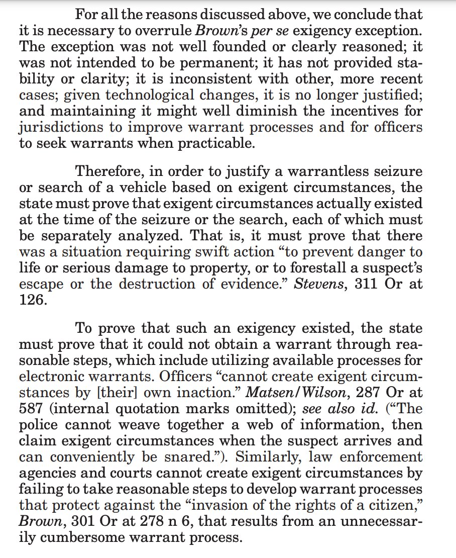 OrinKerr's tweet image. Oregon Supreme Court overturns precedent, rejects the automobile exception under the state constitution. In Oregon, warrantless automobile searches now have to be justified by exigent circumstances on their facts. cdm17027.contentdm.oclc.org/digital/collec… #N