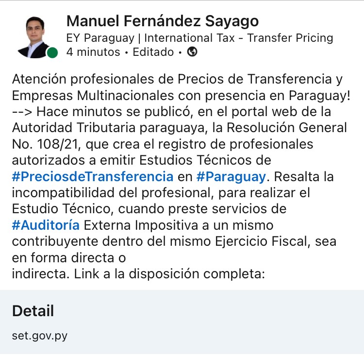 Atención profesionales de #PreciosdeTransferencia y Empresas Multinacionales con presencia en #Paraguay!
@Tributacionpy <a href="/OscarOrue/">Oscar Orué 🇵🇾</a>