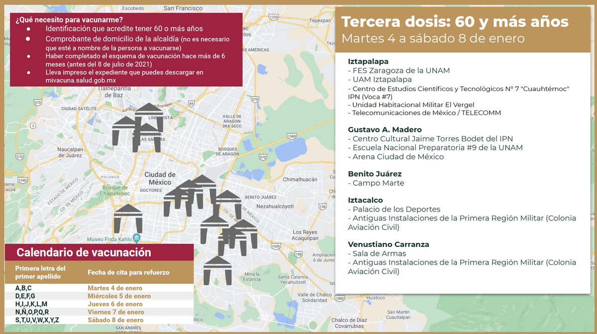 SSaludCdMx's tweet photo. A partir de martes 4 de enero se aplicará la dosis de refuerzo contra #COVID19 a las personas de 60 años y más 👵🏽👴🏽habitantes de:

📍Iztapalapa, Gustavo A. Madero, Benito Juárez, Iztacalco y Venustiano Carranza.
🗓️ Del 4 al 8 de enero
🕗Horario de 8 a 16 h
👁Revisa las sedes👇 https://t.co/J9OYxaQfWw