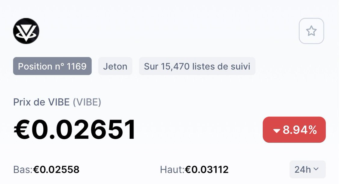 crypto_torz's tweet photo. ⭐️ CRYPTO PÉPITE 2022⭐️

Nom : Vibe ( VIBE ) 
Prix : 0.02 € 
Prévisions : + 1 € 
#CryptoTorz #cryptopepite #crypto #Metavers #Hold #millionaire 

Notre Canal Crypto ⬇️
https://t.co/aaMBq1TjJz

⚠️Investir comporte des risques! https://t.co/PRnu3mEXw4