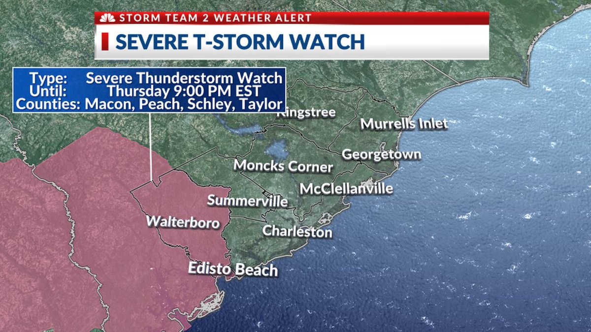 WEATHER ALERT: A Severe Thunderstorm Watch has been issued for parts of the Lowcountry until further notice. Conditions are favorable for wind damage and large hail. Be prepared to seek shelter if warnings are issued. #chswx