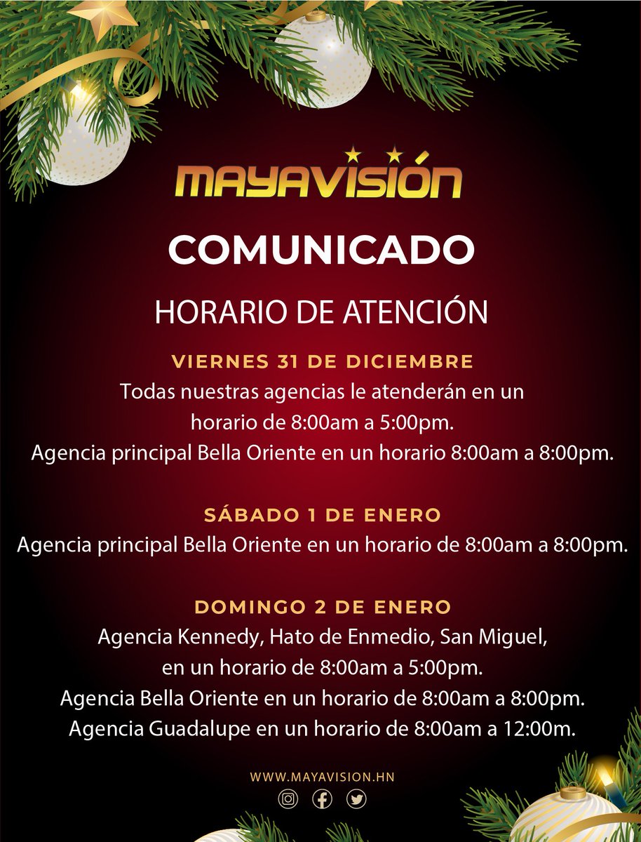 Mayavision_HN's tweet photo. ⚠️AVISO⚠️ ¡Seguimos atentos para servirte!  Te compartimos el horario de atención de nuestras agencias para el fin de año✅ 

⚠️Puedes realizar tus pagos por los servicios de tv cable e internet y cualquier gestión administrativa.✅

#QuédateEnCasaConNosotros https://t.co/yHMpuQitzz