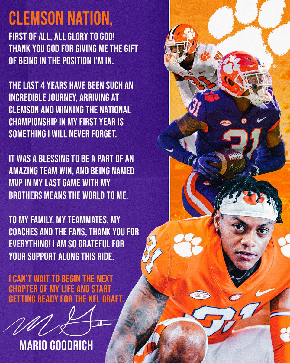 It’s been real unbelievable experience these past 4yrs… I am forever grateful! Thank you Clemson Nation. ✌🏾
