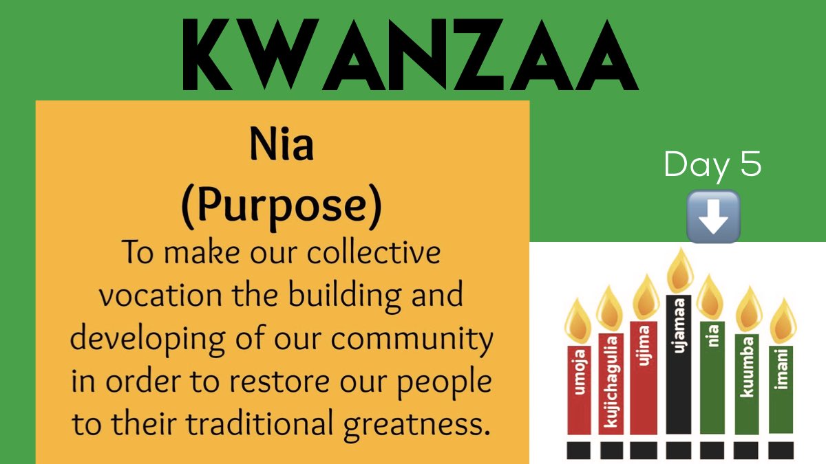 Kwanzaa Day 5 Nia: Purpose. 🔹Develop communities and systems that support all to realize the greatness within themselves. #Kwanzaa 🗣This is Leadership!